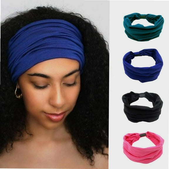 African Headbands Knotted Hairbands Black Yoga Sport Head Wraps Wide Elastic Head Scarf for Women and Girls (Pack of 4)