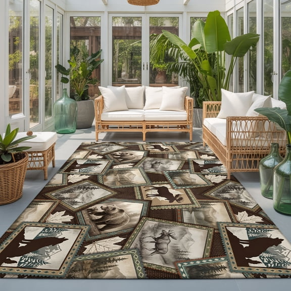 Moose Bear Icons Washable Living Room Rugs 5'x8', Rustic Vintage Brown Beige Forest Scenic Frames Washable Throw Large Area Rug Non-Slip Sturdy Edge Binding Carpet for Living Area Kitchen Office