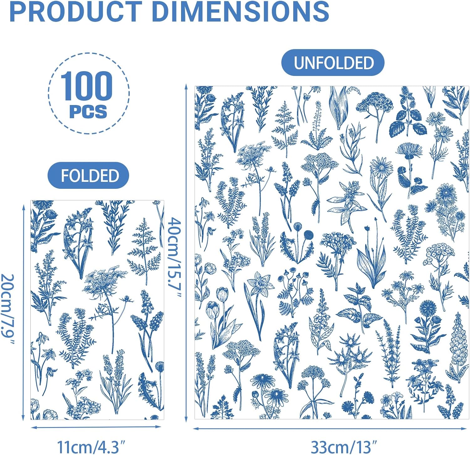 100PCS Blue Floral Napkins Disposable,Blue Chinoiserie Florals 3-Ply Paper Napkins Decorative Flower Guest Hand Towels for Bathroom Home Wedding Bridal Shower Birthday Party Napkins
