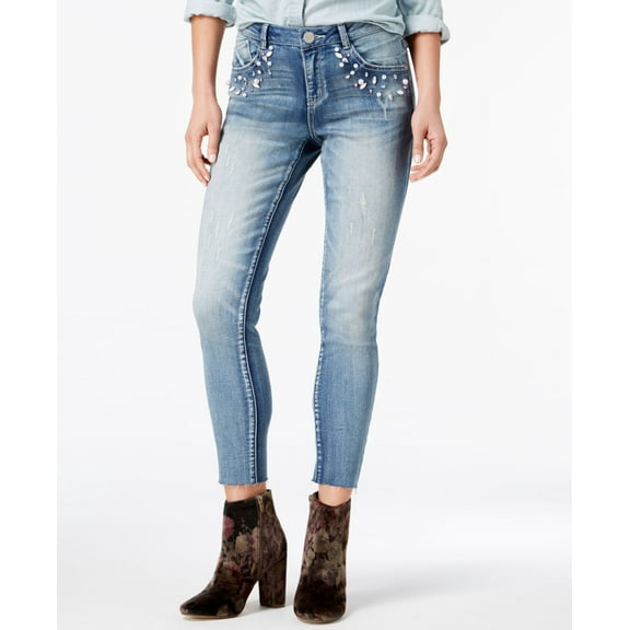 Rewind Juniors Embellished Cropped Skinny Jeans Blue 5