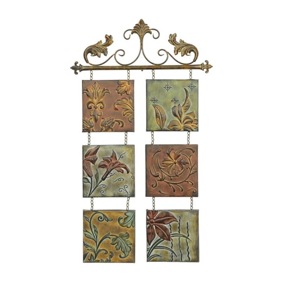 DecMode Multi Colored Metal Floral Embossed Home Wall Decor with 6 Suspended Panels and Scroll Details, 23" x 1" x 40"