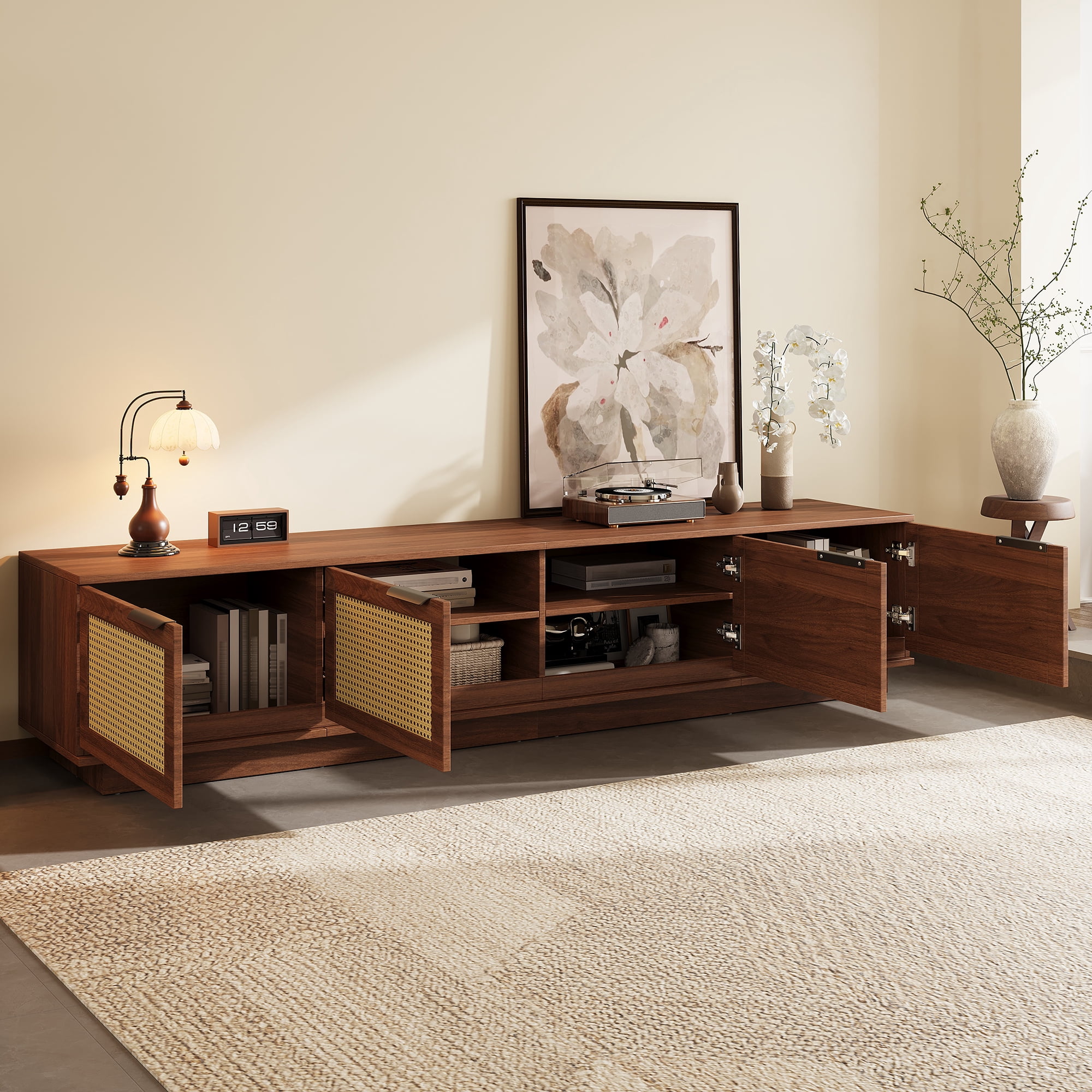 TV Stand for TVs up to 85 Inch, Rattan Media Console with 4 Storage Cabinets, Entertainment Center with Soft-Close Hinges for Living Room