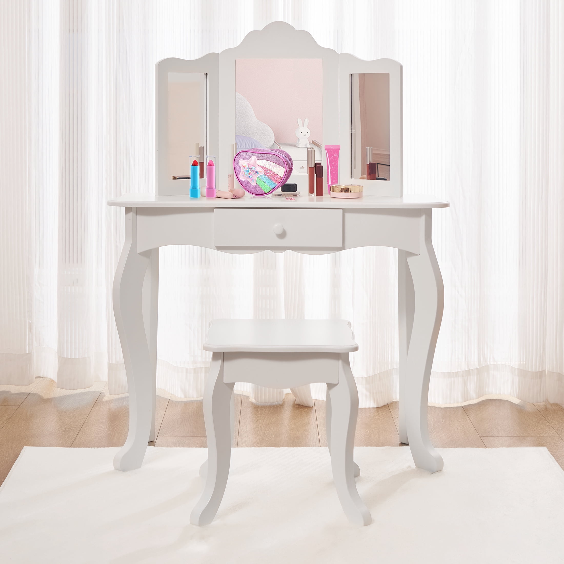 Your Zone Kids Makeup Vanity Set With Table And Stool, White