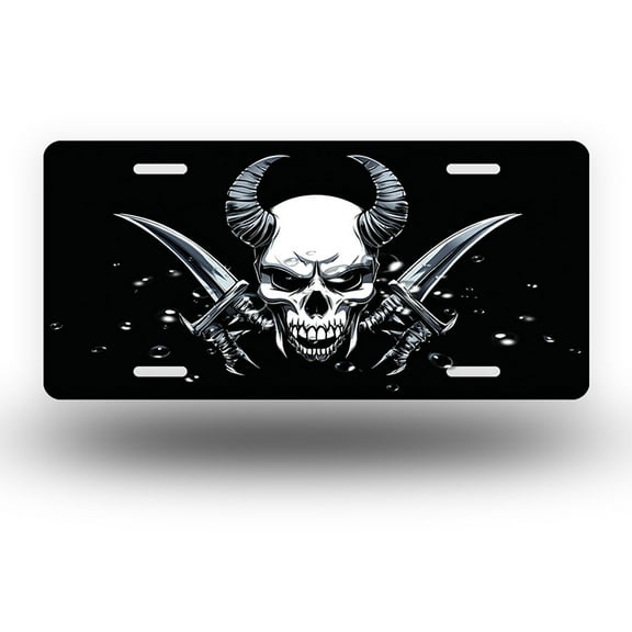 Grim horned skull holding dagger Front License Plate, Metal License Plate, Funny Standard Plates Personalized Novelty Decorative For Men/Women/Boys/Girls Car 6×12 Inch