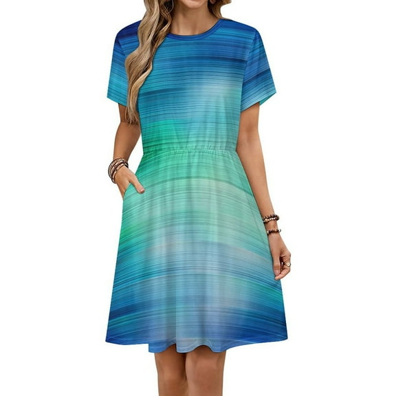 Green Turquoise Teal Blue Abstract Texture Sundress Short Sleeve Dress Summer Women Clothes Dress for Women Dresses
