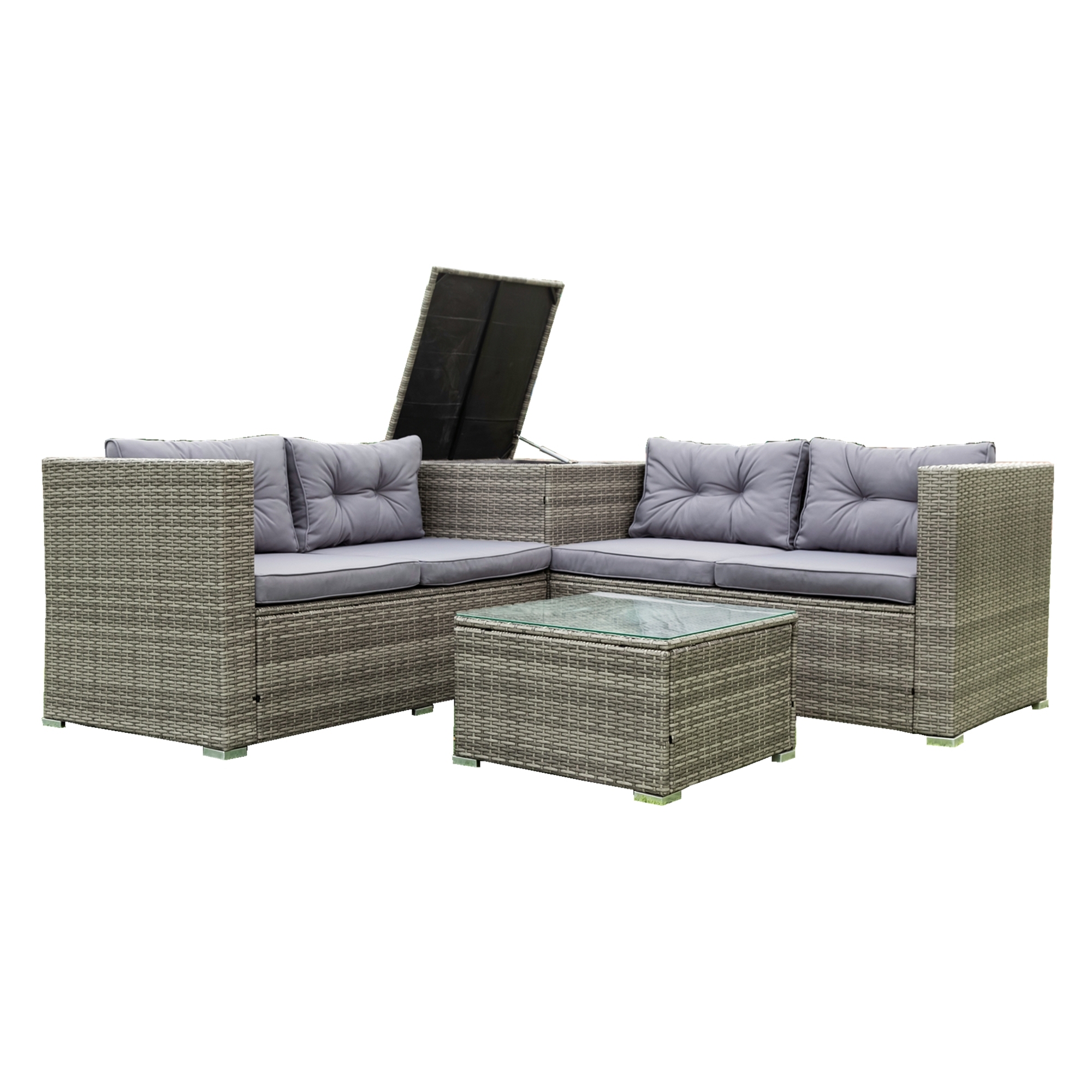 Outdoor Patio Conversation Set,4 Piece Patio Sectional Wicker Rattan Outdoor Furniture Sofa Set with Storage Box Grey