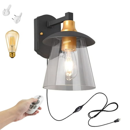 

FSLiving Remote Control Industrial Wall Lamp with UL 5.9ft Plug-in Button Cord IP65 Waterproof Black Metal Clear Glass Shade Wall Porch Lights Dimmable Wall Light Fixtures for Outdoor/Indoor - 1 Pack
