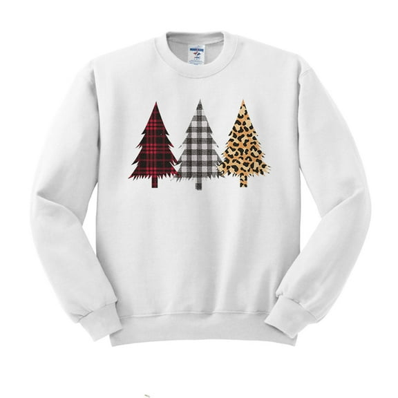 Plaid Print Christmas Trees Sweatshirt Unisex Large White