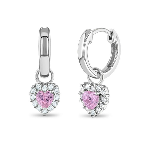 925 Sterling Silver Clear & Pink CZ Heart Dangle Hoop Earrings for Little Girls