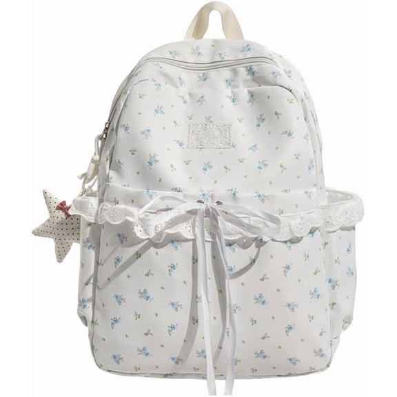 KKLDOGS Cute Backpack Coquette Floral Back Pack with Lace Trim & Plush Charm Kawaii Backpack for Classes Travel