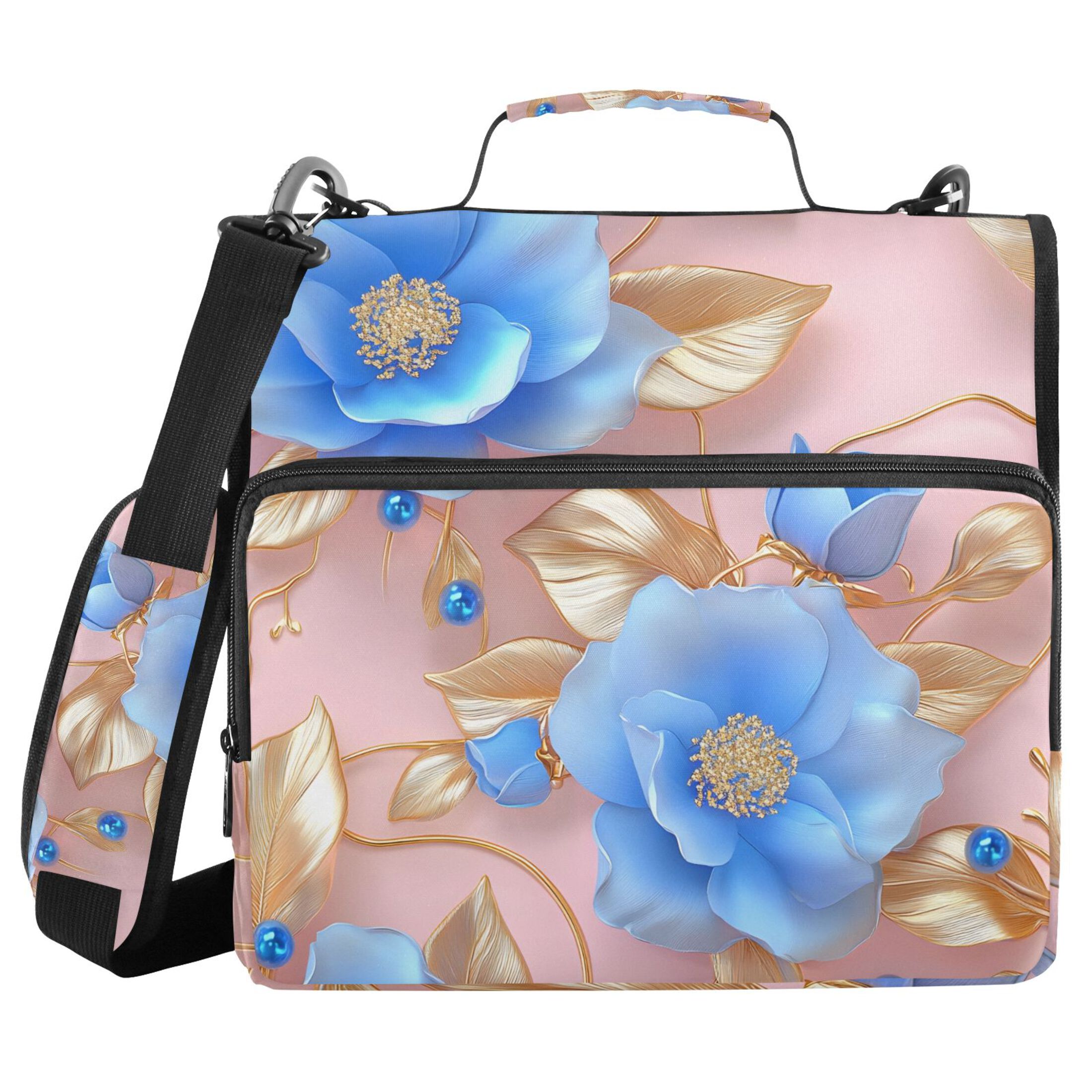 ALAZA Zipper Binder 3d Blue Flowers 3 Ring Trapper Keeper File Folder Organizer Bag