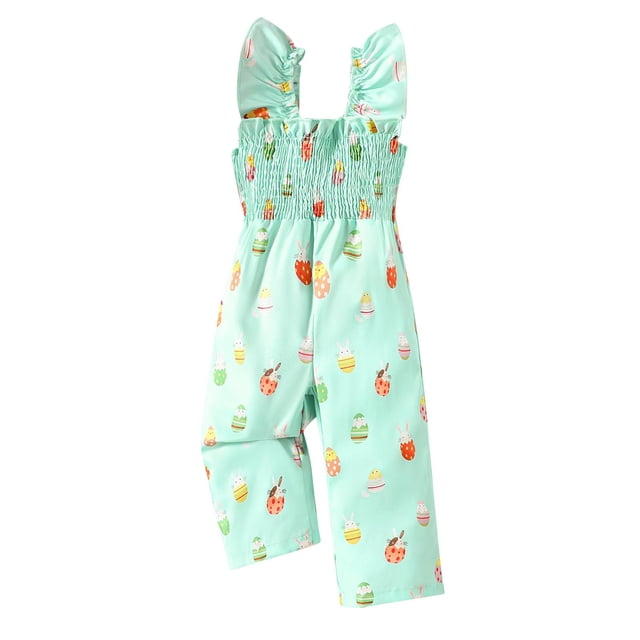 Odeerbi 6M-4Y Niñas Verano Pascua Rompers Ruffle Satén Traje de Pierna Ancha Casual Cómodo Sin Mangas Pantalones Generales Con Banda de Cabeza