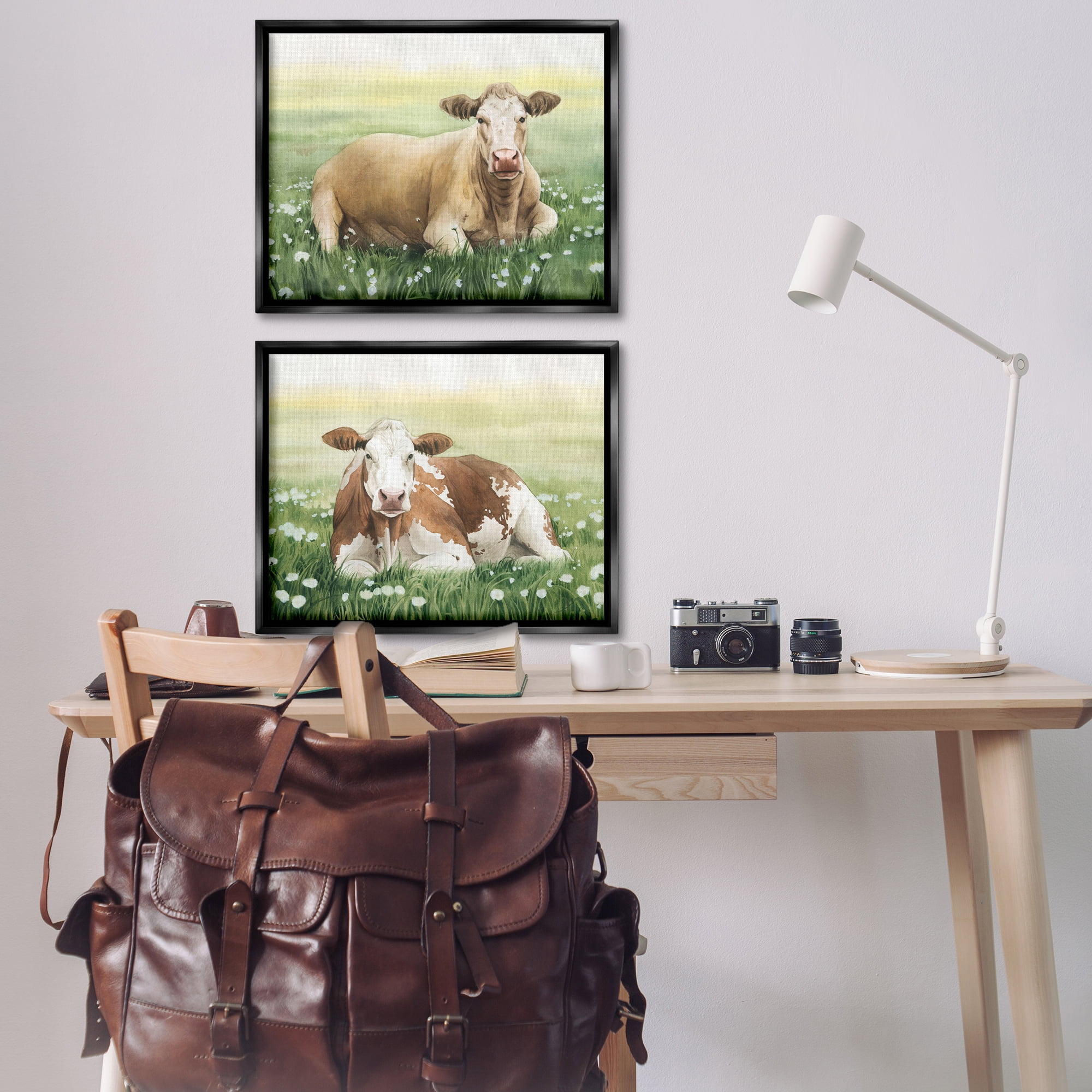 Stupell Industries Cows Resting in Flower Field Animals Painting Black Floater Framed Canvas Art Print Wall Art, 31 x 25, Set of 2