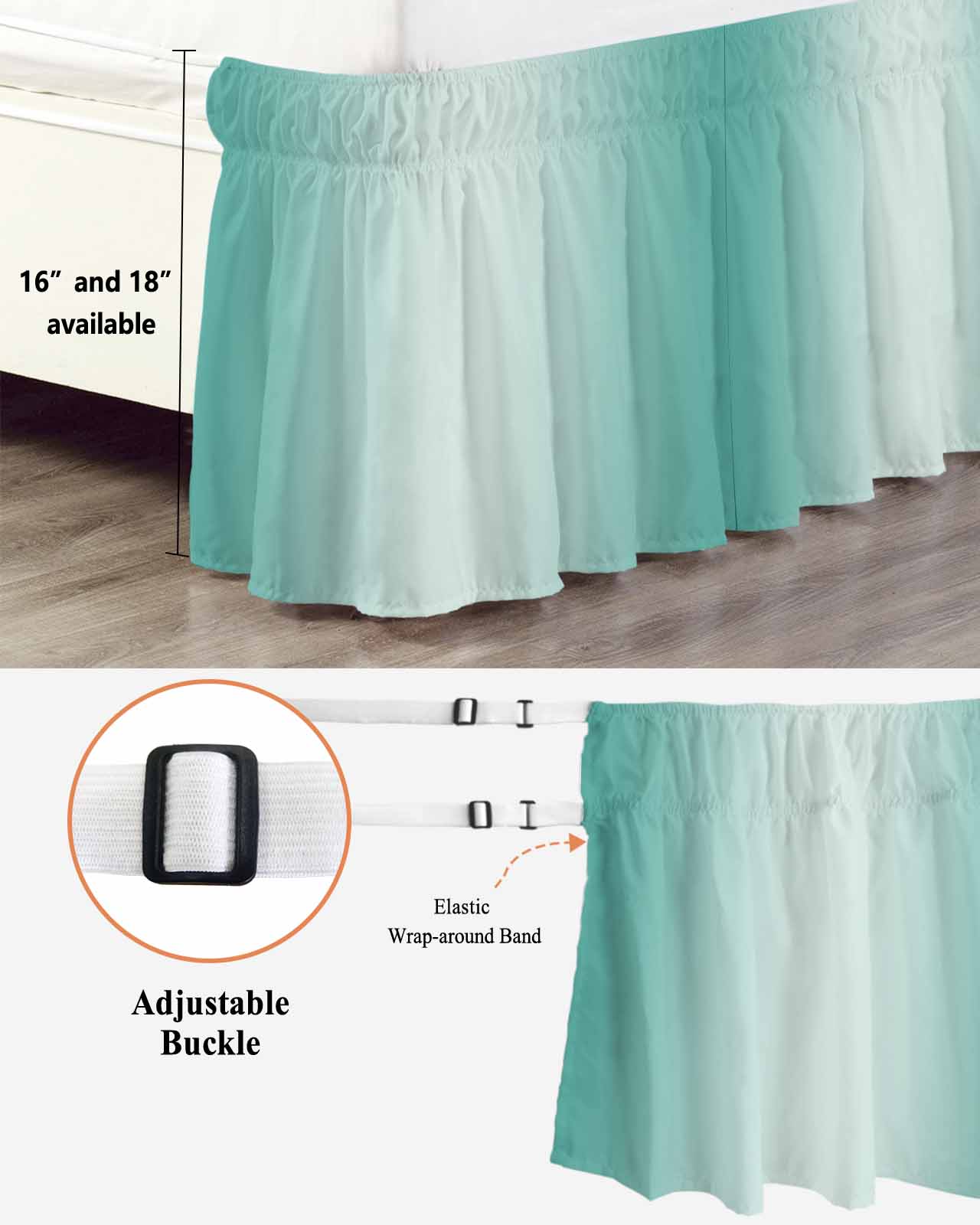 Ombre Bed Skirt Teal Green Gradient Bed Skirts Queen Size 18 Inch Drop, Wrap Around Dust Ruffle&nbsp;Bedskirt with Adjustable Elastic Belt for Queen Size Beds