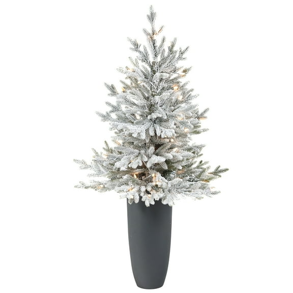 4ft. Flocked Fraser Fir Artificial Christmas Tree with 200 Warm White Lights and 481 Bendable Branches in Gray Planter