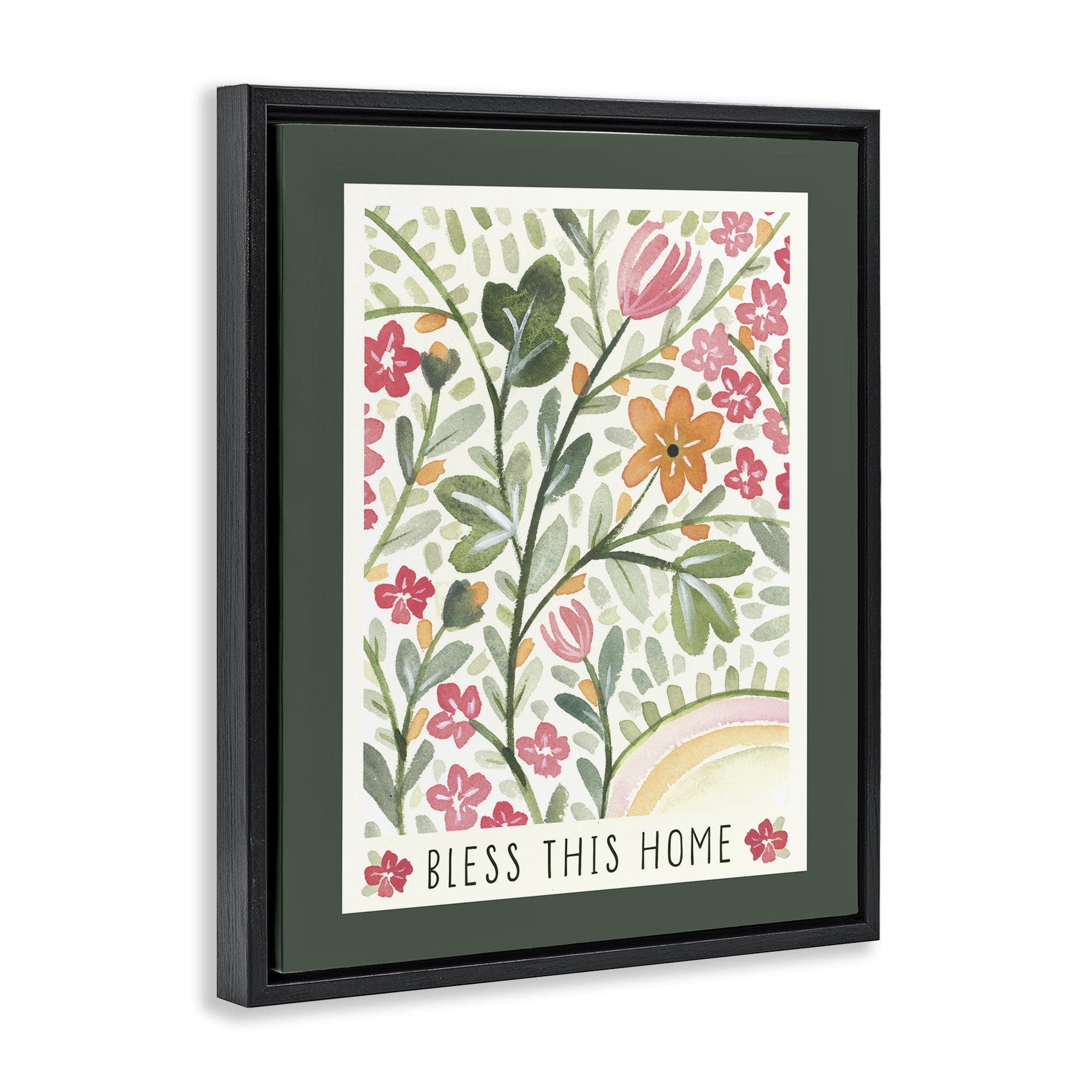 Stupell Industries Floral Bless Phrase Botanical & Floral Painting Black Floater Framed Art Print Wall Art, 17 x 21