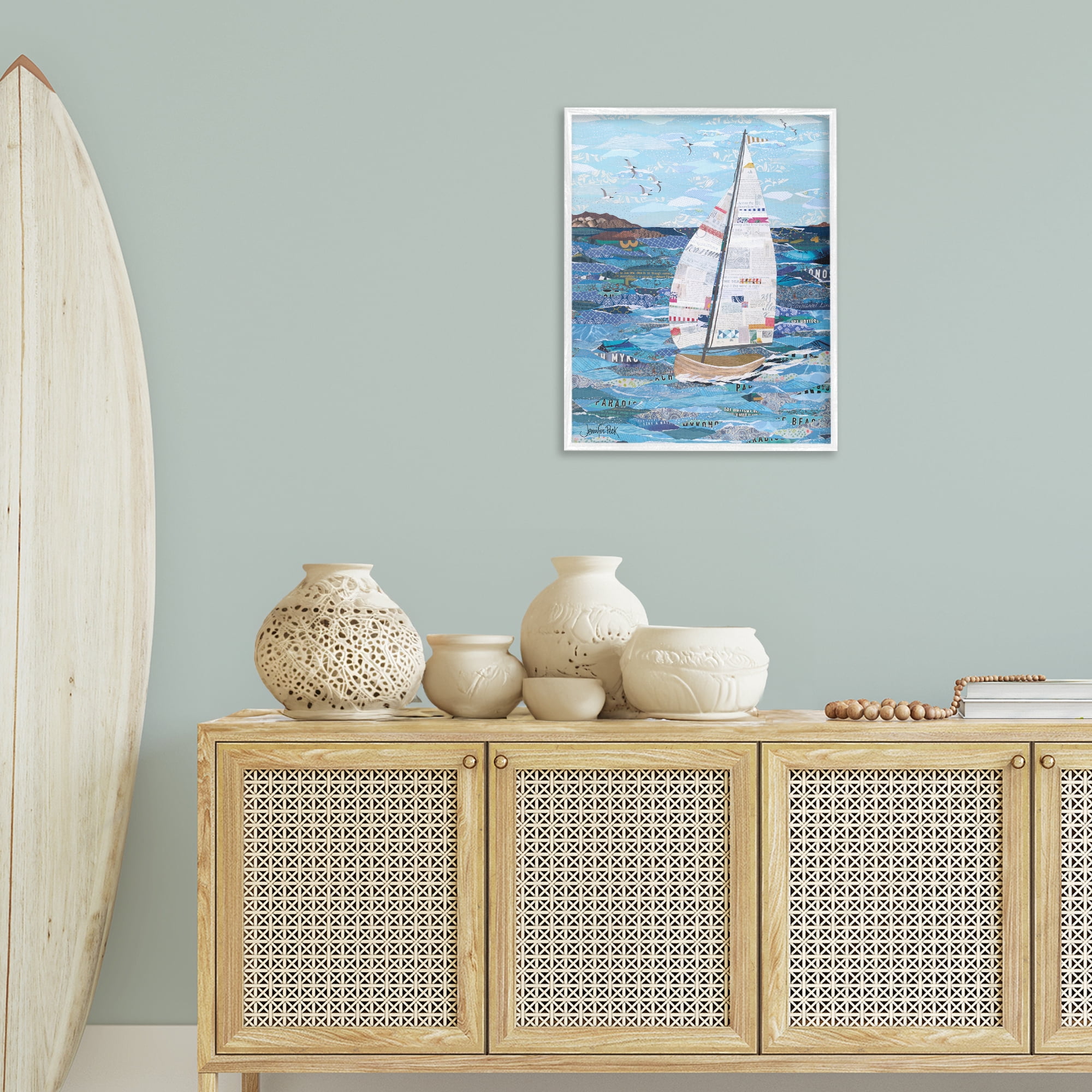 Stupell Industries Collaged Sailboat Scene Transportation Painting White Framed Art Print Wall Art, 24 x 30