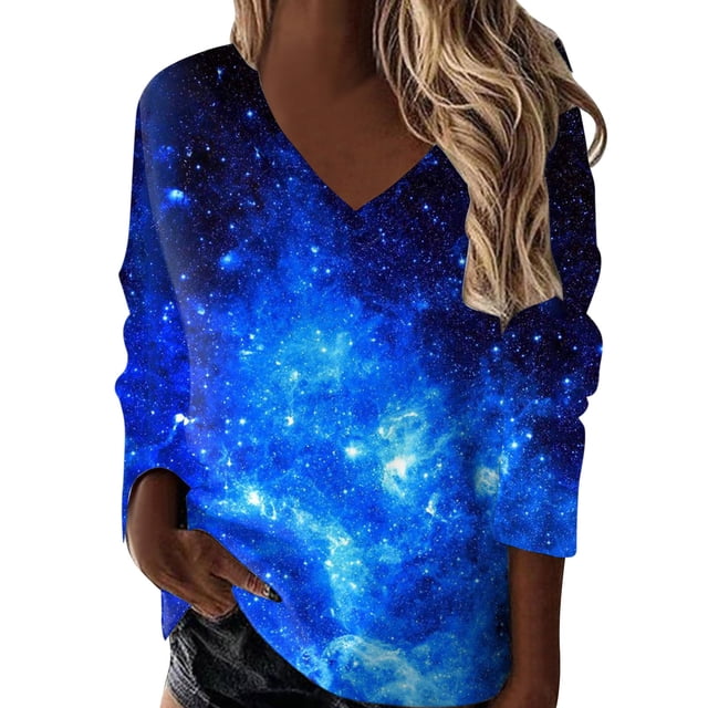 Gibobby Blusas De Manga Larga Para Mujer Camiseta de manga larga con cuello en V y estampado a la moda para mujer(Azul, XXL)