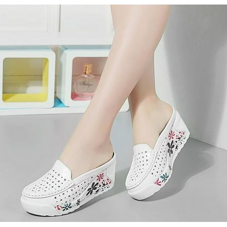 

Hollow Out Wo Genuine Leather Platform Shoes Wedges White Lady Casual Shoes Swing Mother Shoes Woman Flip Flop