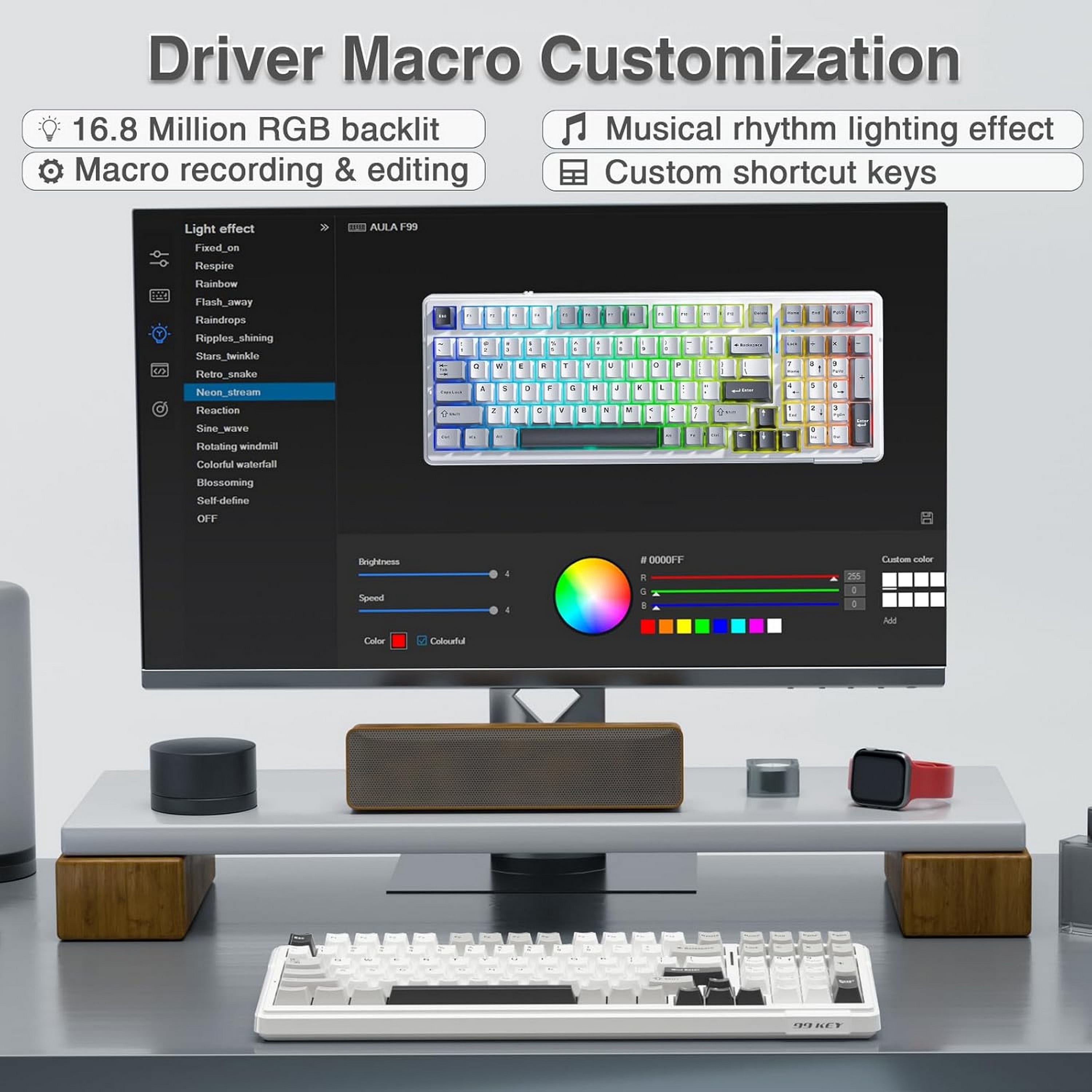 AULA F99 96% Wireless Mechanical Keyboard, Hot Swappable, Tri-Mode Bluetooth 5.0/2.4GHz/USB-C, Pre-Lubed Linear Switches, RGB Backlit, Macro Support, Black/Grey/White