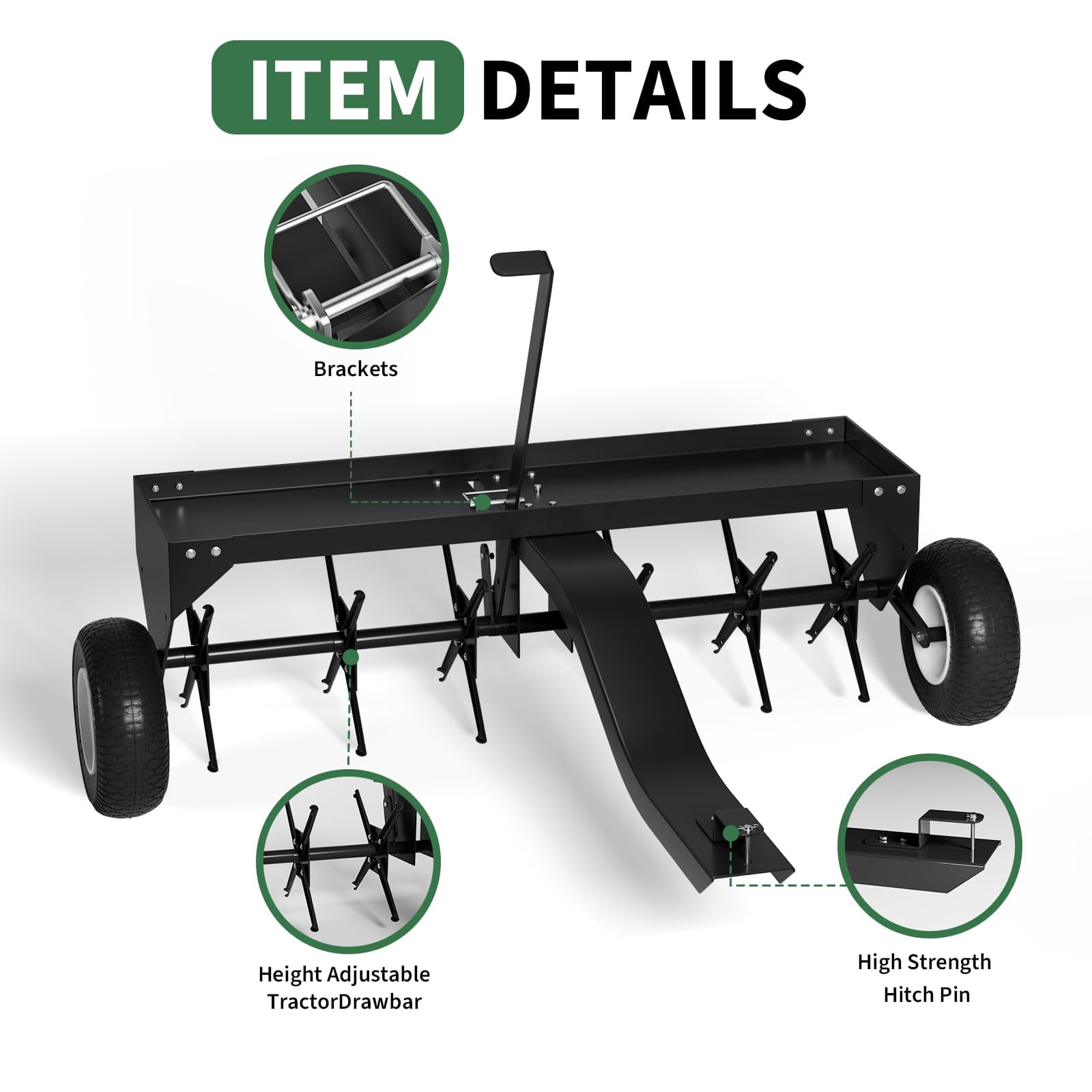TEQIN Tow Behind Lawn Aerator,Tow Behind Aerator, Heavy Duty Plug Aerator With Hitch, Lawn Aerator Tow Behind With Steel Tines, Plug Aerator Tow Behind With Tray & Inflatable Wheels