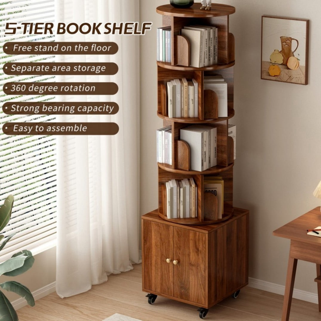 5-Tier Rotating Bookshelf with Drawer, 360° Spinning Corner Bookcase, Narrow Space-Saving Floor Standing Storage Rack for Bedroom, Living Room & Small Spaces, Walnut