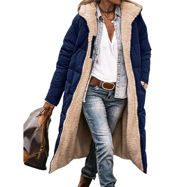 Innerwin Overcoats Long Sleeve Ladies Fleece Jacket Winter Hooded Loose Sherpa Coat Navy Blue M