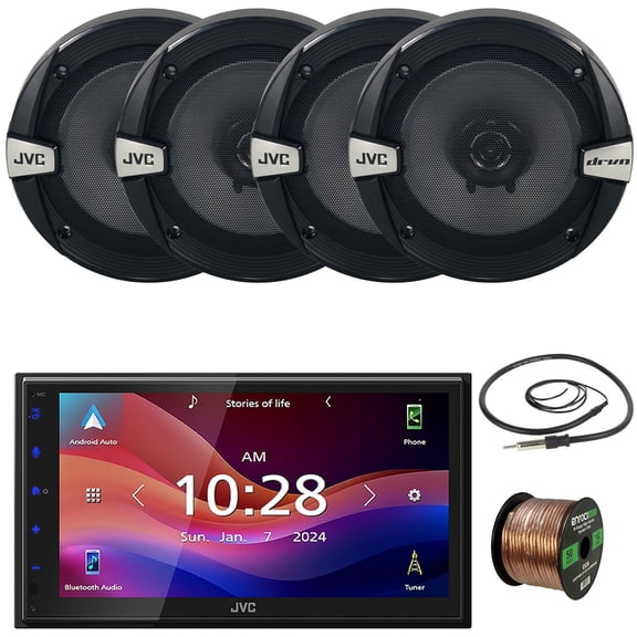 JVC KW-M695BW 6.8" WSVGA LCD Display Single-DIN Bluetooth USB/MP3 Digital Media Shallow Chassis Multimedia SiriusXM Ready Receiver, 4x 6.5" 300W Max Power 2-Way Car Audio Speakers W/Wire, Antenna