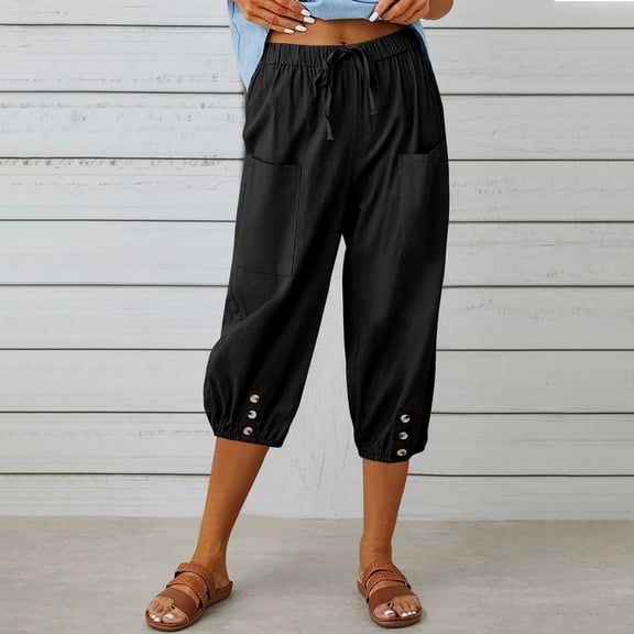 Elvqul Capris for Women Plus Size Black Womens Pants Cropped Summer Pockets Pants
