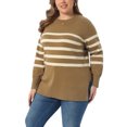 thumbnail image 4 of Agnes Orinda Women's Plus Size Striped Sweaters Crew Neck Long Sleeve Side Slits Cozy Knit Casual Pullover Sweater 4X Camel, 4 of 5
