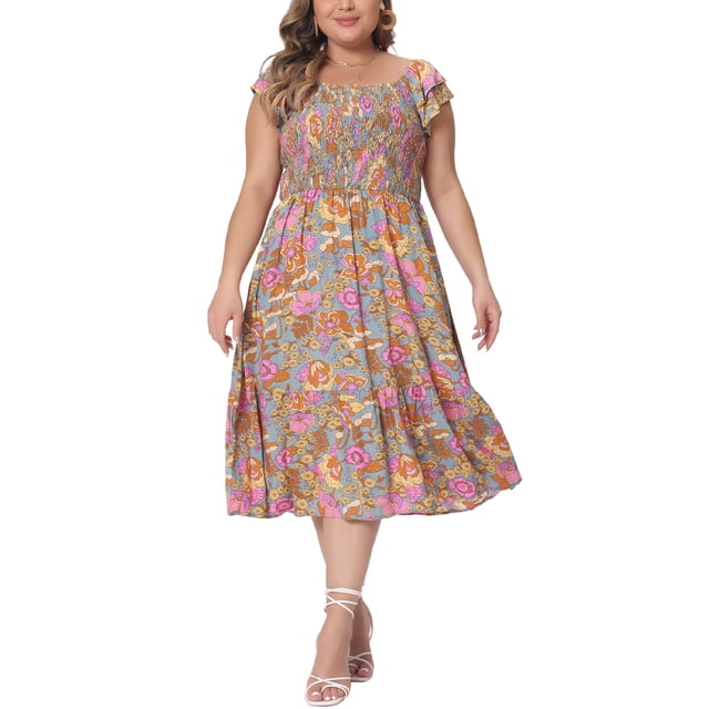 GRACE & GRANDEUR Vestidos de Talla Grande para Mujeres, Vestido Midi de Verano con Cuello Cuadrado, Manga Corta y Pliegues, Talla 3X, Verde Gris