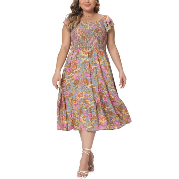 GRACE & GRANDEUR Vestidos de Talla Grande para Mujeres, Vestido Midi de Verano con Cuello Cuadrado, Manga Corta y Pliegues, 2X Verde Gris