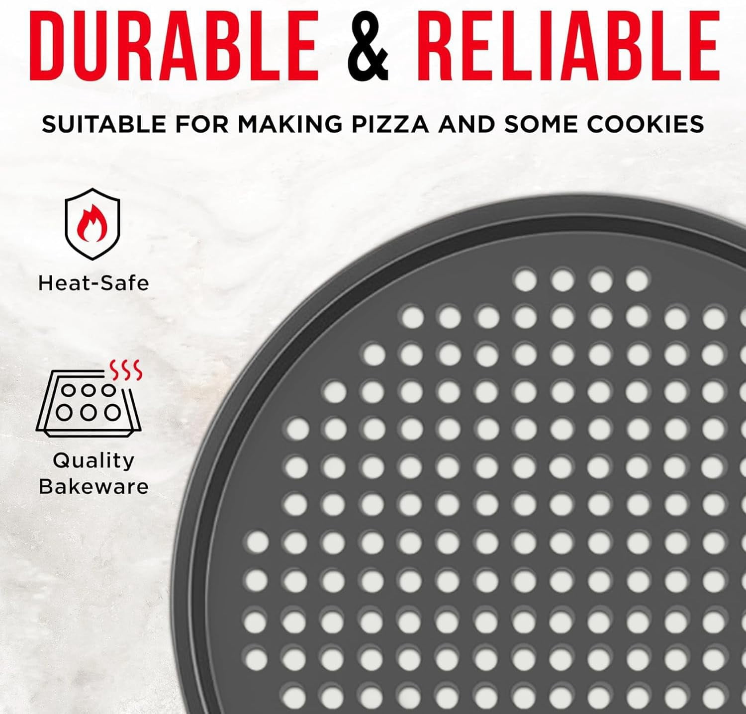 Non-Stick Pizza Pan 1 Pack, 13 Inch Round Carbon Steel Pizza Tray with Perforated Holes for Crispy Crust, PFOAPFOSPTFE Free, Dishwasher & Oven Safe Up To 450°F, Durable Nonstick Gray Marble Coating