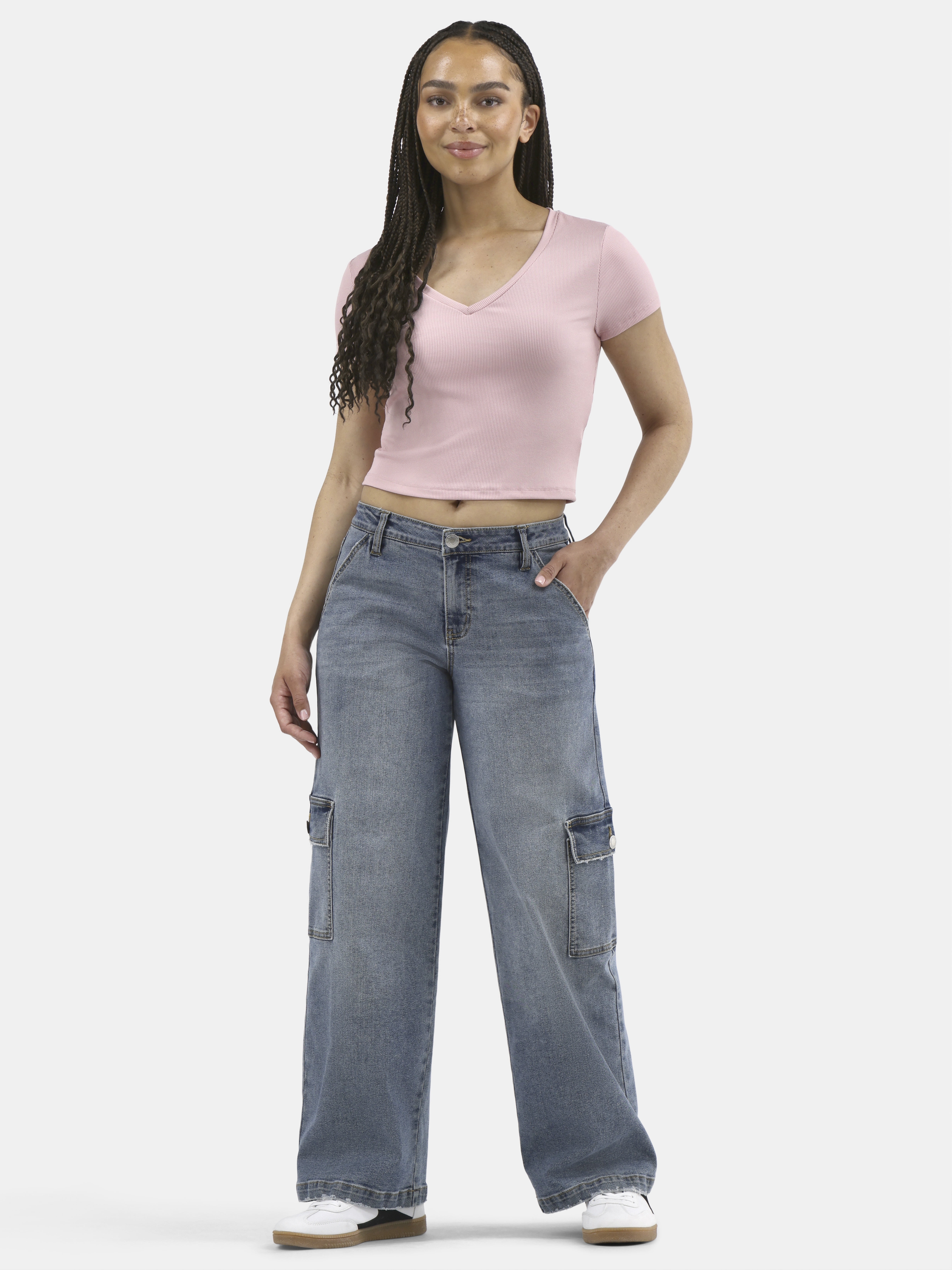 No Boundaries V-Neck Crop Rib Tee, Women's XXS-XXL