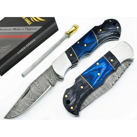 Lara Eagle Damascus Pocket Knife Gray Wooden Handle Handmade Knives with Sharpener and Leather Pouch - 3 inch blade