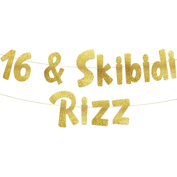 16 & Skibidi Rizz Gold Glitter Banner - 16th Birthday Party Supplies, Ideas, Gifts and Decorations