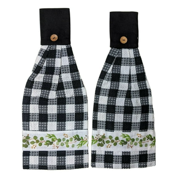 GREENERY VINE Black Check Kitchen Tie Towels, Set of 2, The Country House
