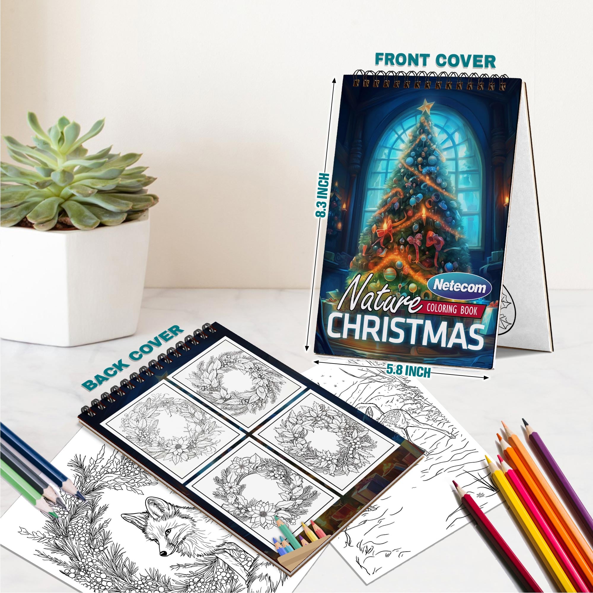 Netecom Christmas Nature Coloring Book Spiral Bound for Adults, A5 Wooden Cover, 30 Beautiful Coloring Pages of Serene Winter Landscapes for Stress Relief and Relaxation