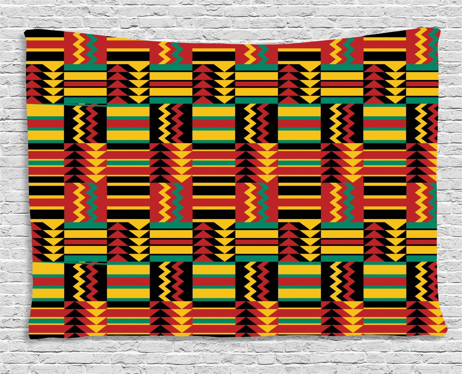 Kente Pattern Tapestry, Ethnic Pattern with Stripes Triangles and