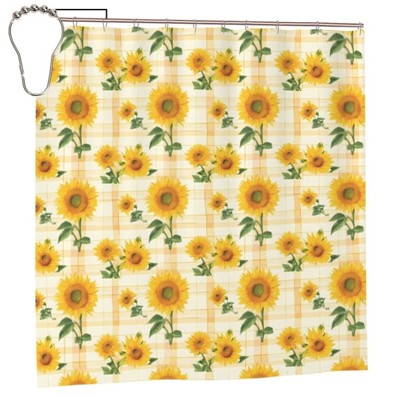 Rateoe Yellow White Plaid Sunflower Shower Curtain - Fancy Bathroom Shower Curtain Sets - Waterproof Shower Curtain with Hooks with 12 Plastic Hooks 72x72 Inches