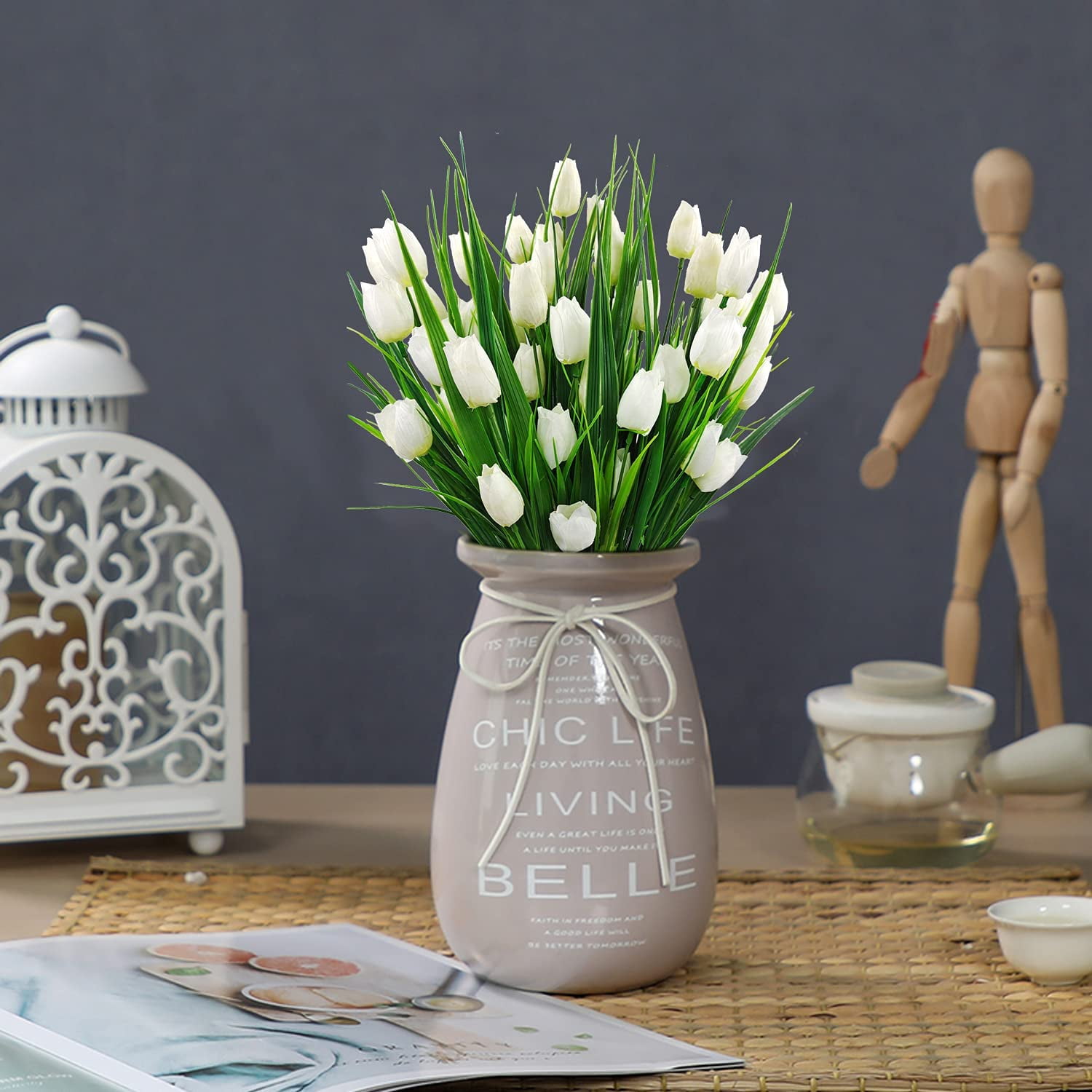 Outdoor Artificial Tulips Fake Flowers UV Resistant Faux Plastic Greenery Shrubs Plants for Home Outside Garden Porch Window Farmhouse Decor (White)