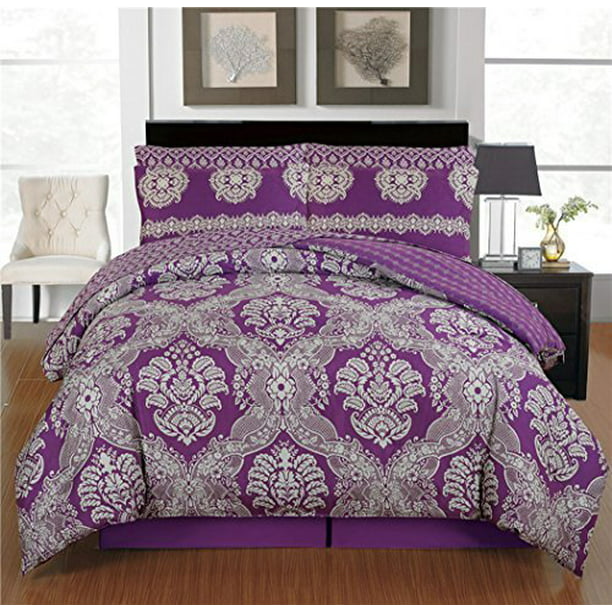 Memories Full Size Vibrant Luxurious Fine Damask Printed Reversible  Comforter Set 4 Piece Bedding Purple & Gray