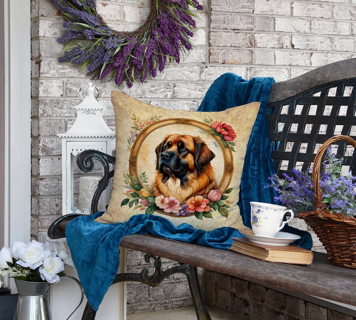 Leonberger and Flowers Fabric Decorative Pillow 18 in x 18 in