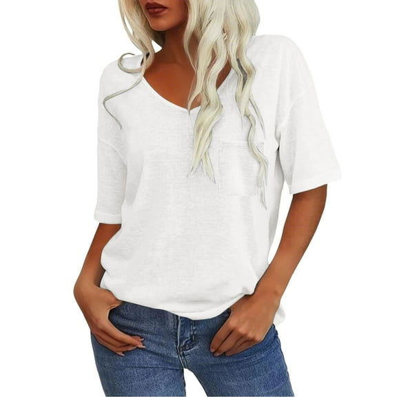 Endives Women's 3/4 Sleeve Shirts V Neck Loose Fitting Tops Casual Solid Color Tshirts Trendy Basic Tunic Summer Ladies Tops