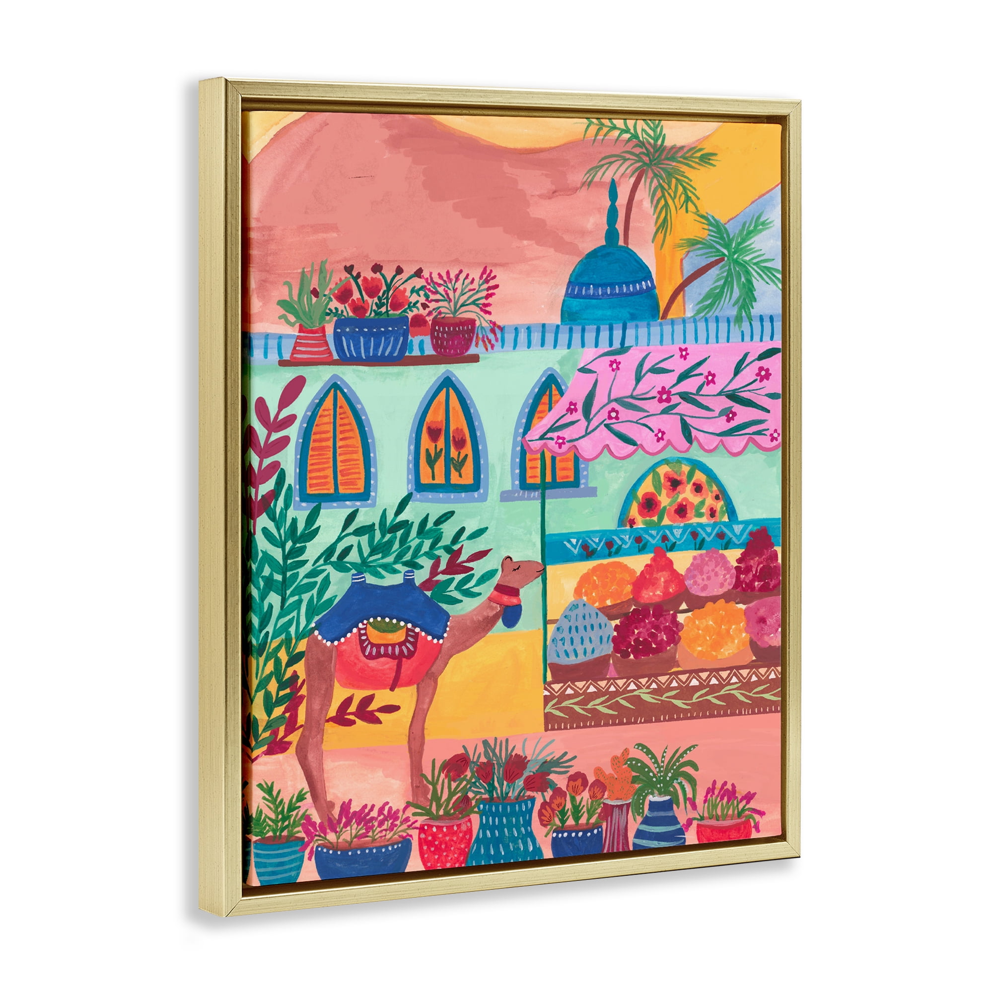 Exotic Egypt Camel Gold Framed Floater Canvas Wall Art, design by Nabeela Rumi