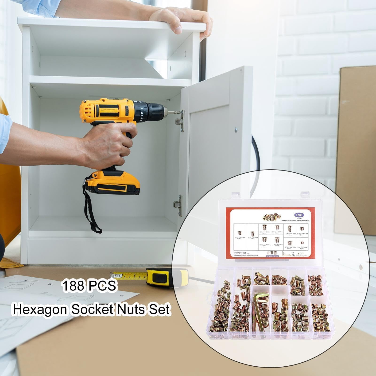 Wood Threaded Insert Socket Fastener Set Hex Wrench Spanner for Furniture Woodworking Craft (A)