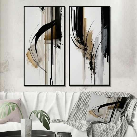 Designart "Expression in Black, White, and Gold I" Abstract Framed Wall Art Set Of 2 - Black Geometric Frame Gallery Set For Office Decor