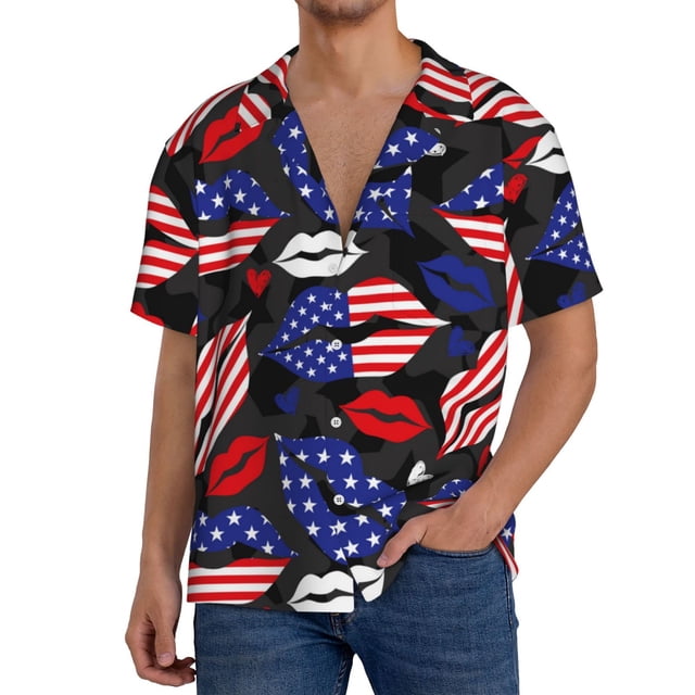 Fotbe American With Lips Camisa Estampada de Manga Corta para Hombre, Casual de Verano, Estilo Playero, Sin Arrugas-4X-Large