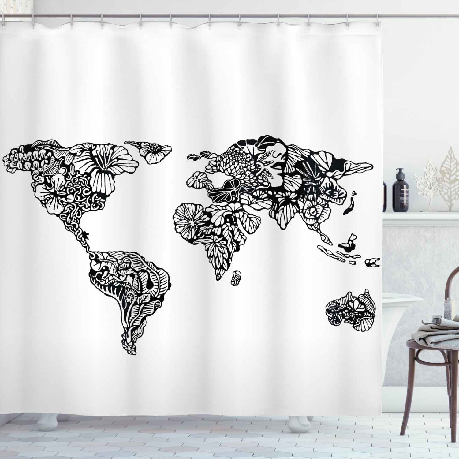 Modern Shower Curtain Artistic Sketch, Black And White Map Shower Curtain