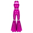 thumbnail image 4 of Nyeemya 70s Outfits for Women Retro 80s Lapel Shiny Metallic Bell Bottom Jumpsuit Jazz Disco Dance Unitard Hot Pink 3XL, 4 of 5